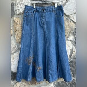 Vintage Y2K Faded Glory Denim Midi Skirt Sz 12 Embroidered Pleated Boho Festival